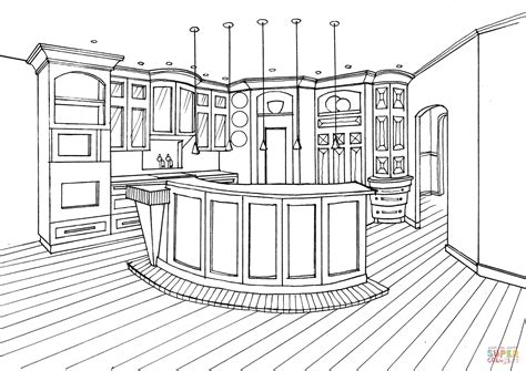 Download Kitchen with Bar Counter coloring page | Free Printable ...