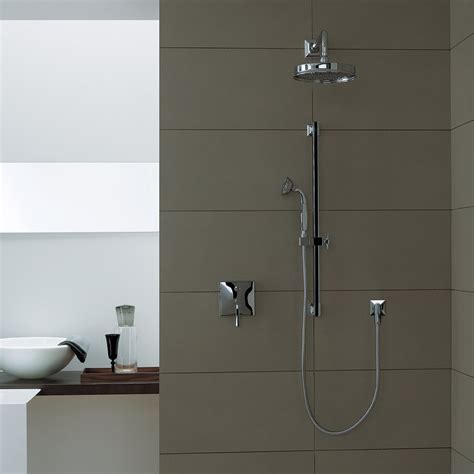 Bathroom showers without enough room for a sliding door can often utilize a pivot door. Bellagio Slide Rail / Hand Shower Set | Streamline Products