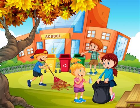 Free Vector Children Cleaning School Hallway