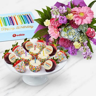 You can add extras to your bouquet too (everything from a soap gift set to champagne), and most are available. Birthday Flower Bouquet & Fruit Delivery | Edible Arrangements