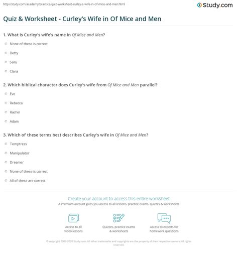 Quiz And Worksheet Curleys Wife In Of Mice And Men