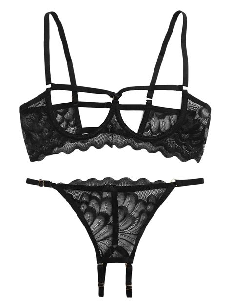 Lilosy Sexy Underwire Floral Lace Sheer Lingerie Set For Women See
