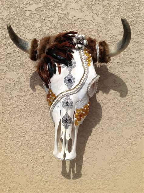 Decorated Cow Skull Feathers Mink Pearls Rhinestones Chains And