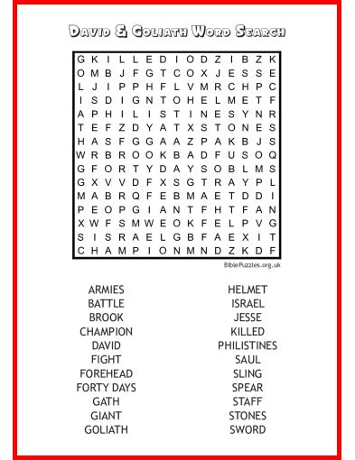 Bible Word Searches Printable Sheets David And Goliath Word Puzzles