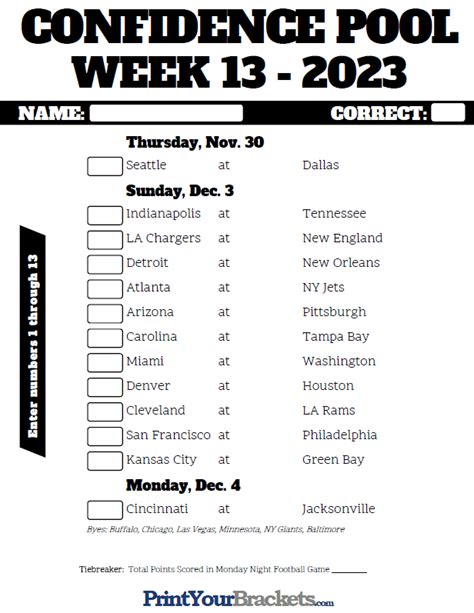 Nfl Week 13 Printable Pick Sheet Print This Page For Your Free Week 13