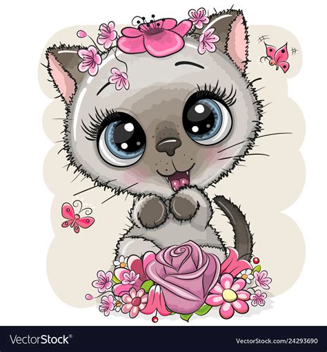 Cartoon Kitten With Flowerson A White Background Vector Image