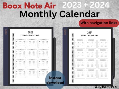 Boox Note Air Monthly Calendar For Boox Note Air Template Boox Etsy