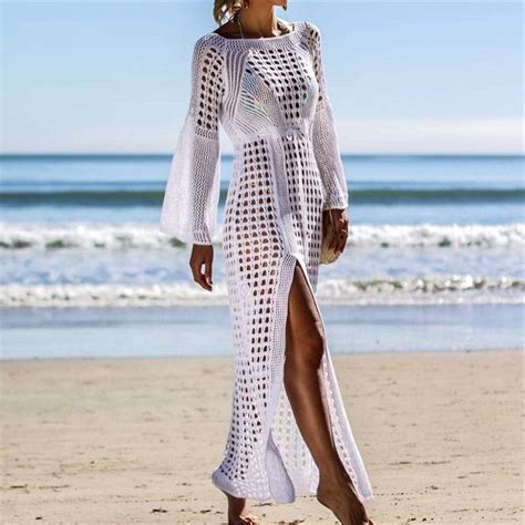Crochet White Knitted Beach Cover Ups Swimwear Dress Tunic