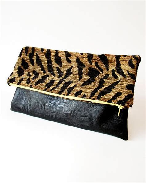 Oversized Clutch Purse Tiger Print And Black Faux Snakeskin Etsy