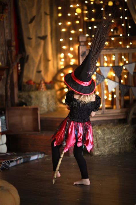 Girl Witch With Broom Dancing Childhood Halloween Stock Image Image