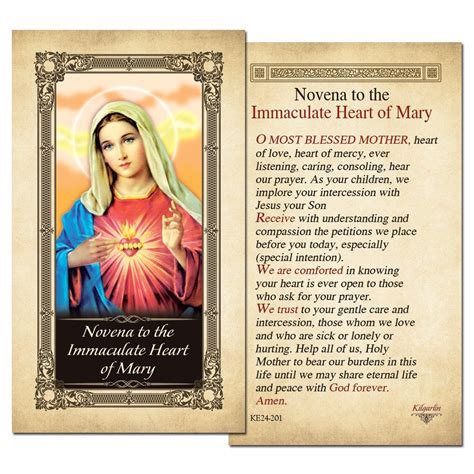 Novena To The Immaculate Heart Of Mary Laminated Holy Card With Gold