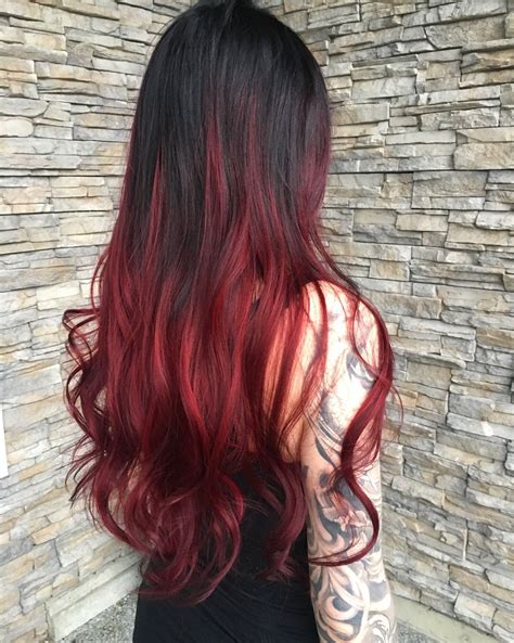 Brown Hair Red Ends Black Hair Red Tips Black Hair With Red Highlights Red Hair Inspo Long