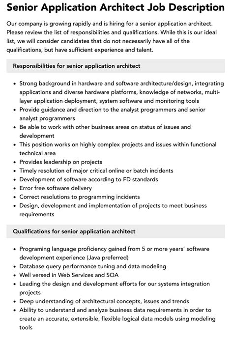 Senior Application Architect Job Description Velvet Jobs