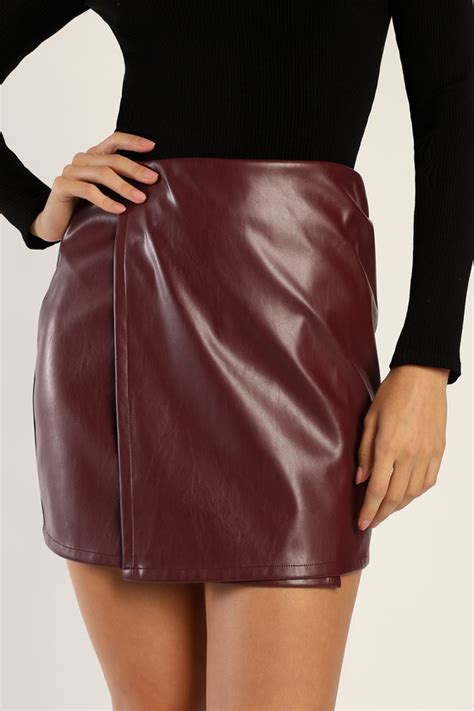 Plum Mini Skirt Vegan Leather Skirt Faux Wrap Skirt Skirts Lulus
