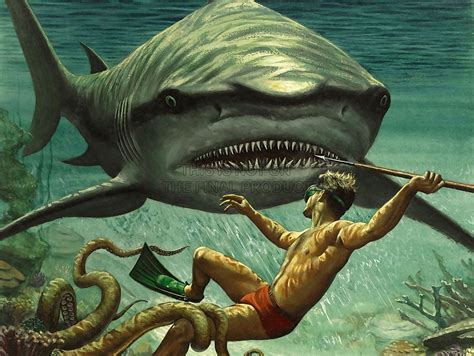 Painting Shark Attack Octopus Diver Spear Adventure Underwater Art