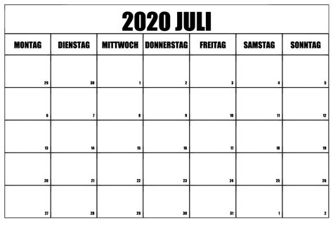 Frei Kalender Juli 2020 Zum Ausdrucken