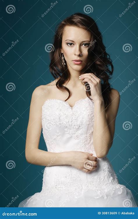 beautiful girl in wedding dress on blue background stock image image of female femininity