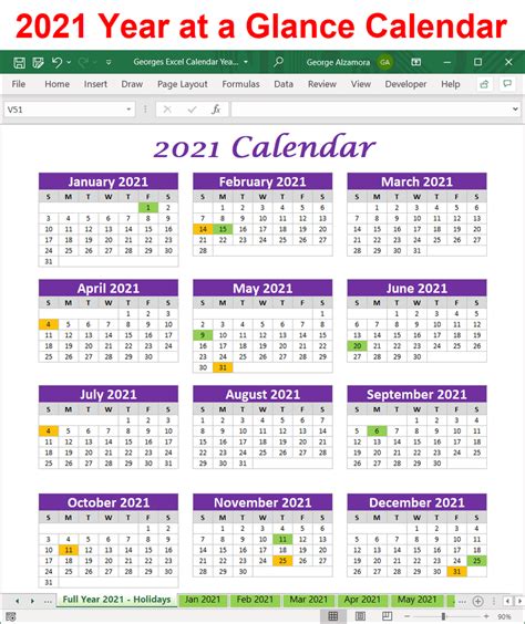 2021 Calendar Printable Excel