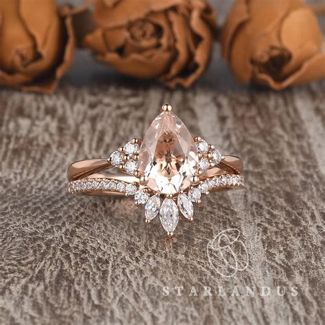 1 5ct Pear Shaped Morganite Ring Rose Gold Bridal Set Cluster Etsy