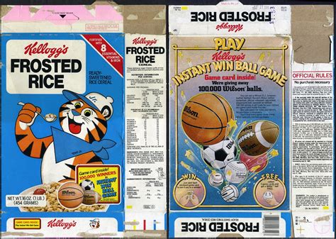 The printing has to be very catchy if the cereal is meant for an adult. Kellogg's Frosted Rice cereal box - instant win ball game ...