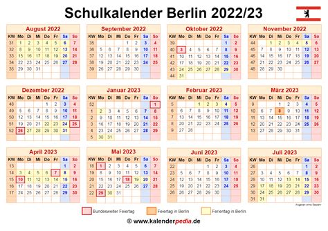 Schulkalender 20222023 Berlin Für Word