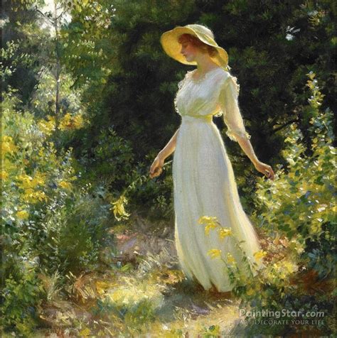 Woman In A White Dress In A Garden Artwork By Charles Courtney Curran