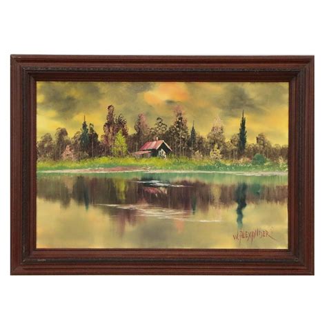 Bill Alexander Oil Painting Of Lakeside Cabin Late 20th Century Ebth