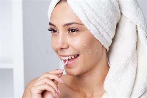 Portrait Of Beautiful Woman Cleaning Teeth With Dental Floss Stock Image Image Of Dentistry