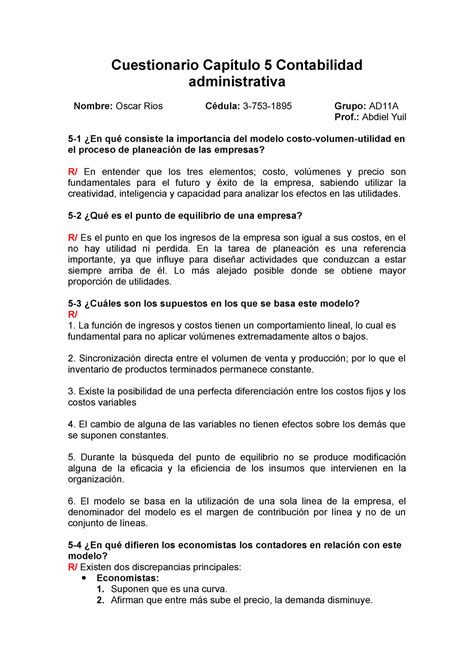 Cuestionario De Capitulo De Contabilidad Cuestionario Cap Tulo Contabilidad Administrativa