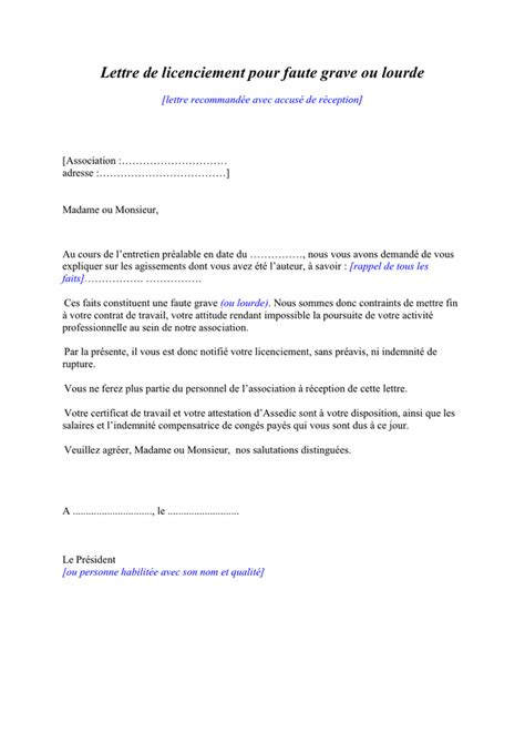 Lettre De Licenciement Pour Faute Grave Ou Lourde DOC PDF Page 1 Sur 1