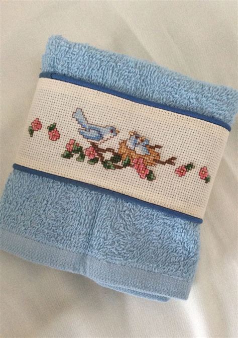 Counted Cross Stitch Hand Towel With Bluebirds In Nest Hand Etsy