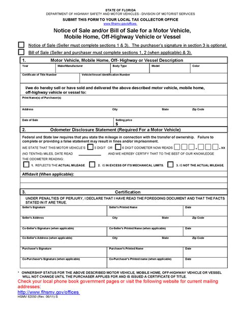 Free Florida Motor Vehicle Bill Of Sale Form Pdf Word