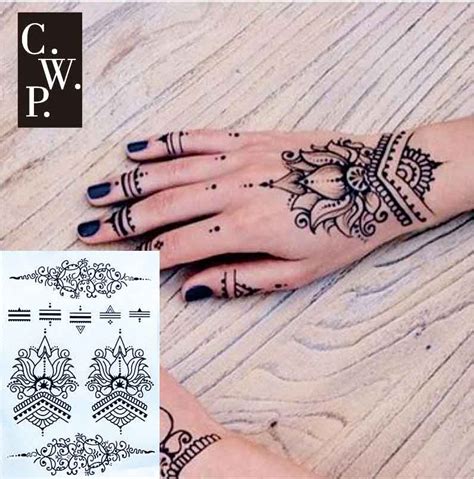 Bh1709 1 Piece Lotus Wrist Black Henna Temporary Tattoo With Modern