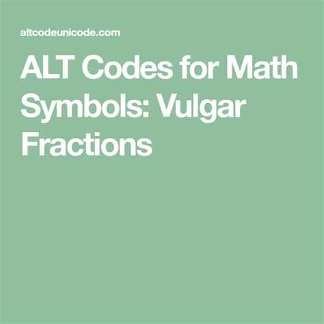 Alt Codes For Math Symbols Vulgar Fractions Special Characters Symbols