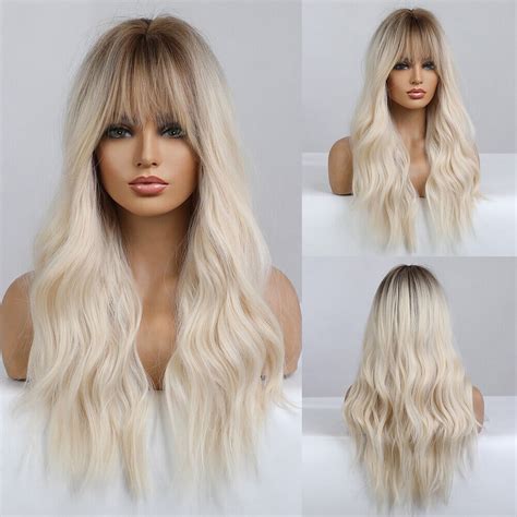 Element Platinum Blonde Hair Wigs With Bangs Womens Long Wavy Full Hair Wigs Ebay