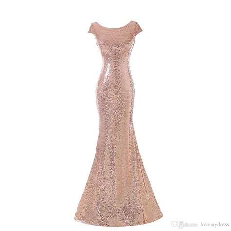 Fashion Rose Gold Sequined Mermaid Prom Dress Long Cheap Backless With Short Sleeves Pageant