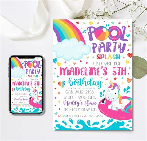 Editable Unicorn Pool Party Invitation Pool Party Birthday Etsy