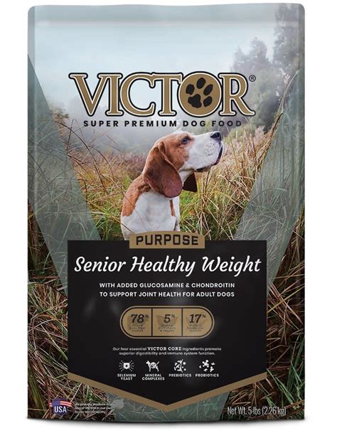 As a group, the brand features an average protein content of 36% and a mean fat level of 19%. Victor Purpose Senior Healthy Weight Formula Dog Food ...