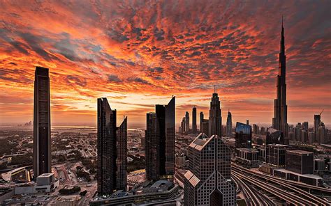 Uae Dubai Sunset Cityscapes Skyscrapers United Arab Emirates Hd