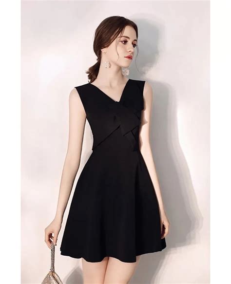Simple Little Black Flare Party Dress Short With Vneck Htx97068