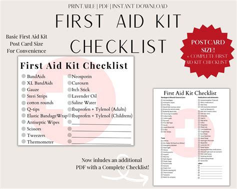 Printable First Aid Kit Checklist Postcard Size Complete First Aid Kit