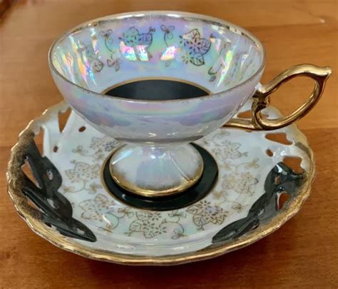 Vintage Lefton China Hand Painted Iridescent Tea Cup Reticulated Saucer Kf801 19 50 Picclick