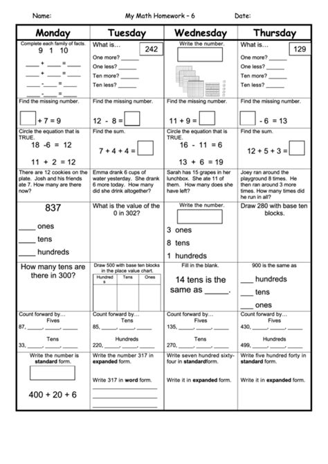 weekly math homework worksheet template printable