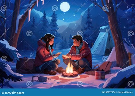 Couple Sitting By Campfire In The Woods At Night Ai Stock Illustration Illustration Of Women