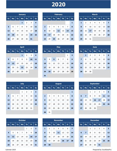 Download 2020 Yearly Calendar Sun Start Excel Template Exceldatapro