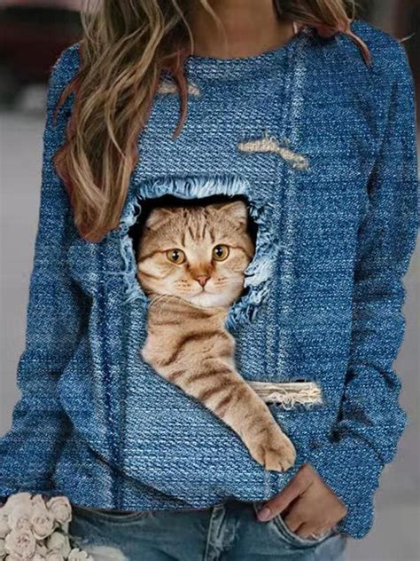 Women Design 3d Cat Print Pullover Long Sleeve Cute Sweatshirts