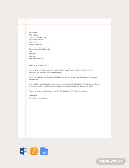 accountant resignation letter template  word google docs