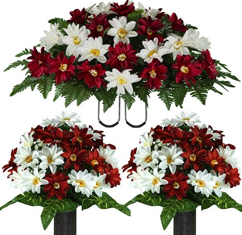 Sympathy Silks Artificial Cemetery Flowers 2 Deep Red And White Dahlia