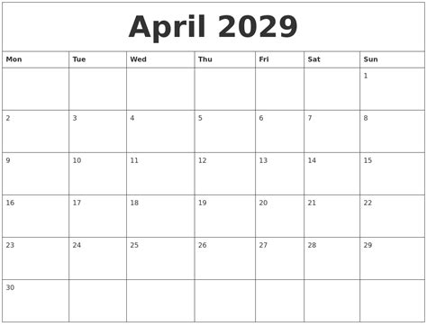 April 2029 Printable Blank Monthly Calendar