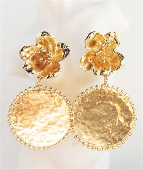Gold Flower Dangle Earrings Statement Retro Style Earrings Etsy